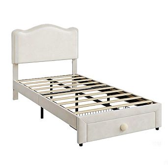 Velvet Kids Bed Frame with Storage Drawer & Headboard, No Box Spring & Easy Assembly
