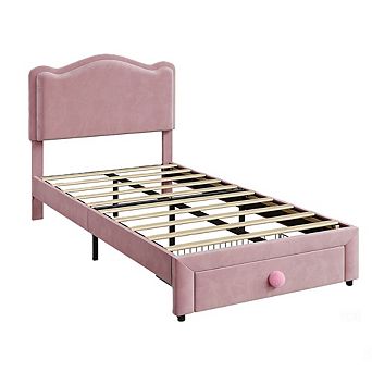 Velvet Kids Bed Frame with Storage Drawer & Headboard, No Box Spring & Easy Assembly