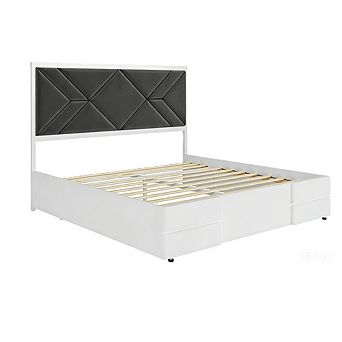 White Upholstered Bed Frame with Headboard, Wood Slat Platform, Quiet & Easy Assembly