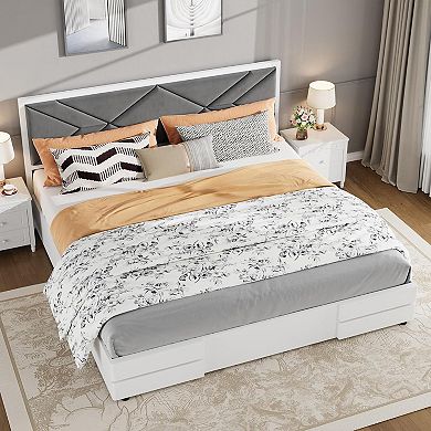 White Upholstered Bed Frame with Headboard, Wood Slat Platform, Quiet & Easy Assembly