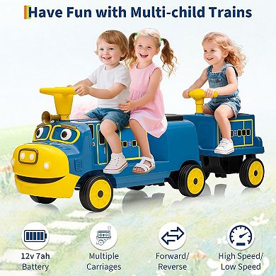 12V Licensed Chuggington Ride-On Train Set for Kids, 2 Cars, Adjustable Seat & Storage (Trackless)