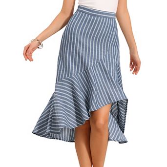 Casual Stripe Skirt for Women's Summer High Low Hem Ruffles A-Line Midi Skirts