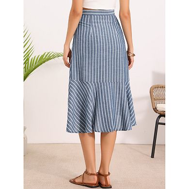 Casual Stripe Skirt for Women's Summer High Low Hem Ruffles A-Line Midi Skirts