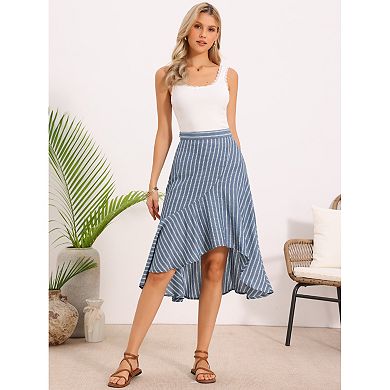 Casual Stripe Skirt for Women's Summer High Low Hem Ruffles A-Line Midi Skirts
