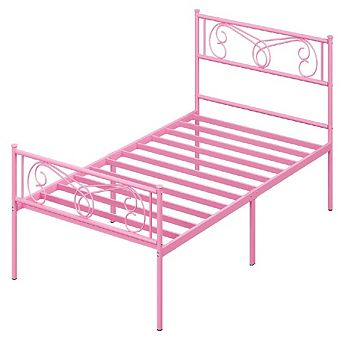 Pink Twin Metal Kids Bed Frame with Headboard & Footboard, Noise Free & No Box Spring