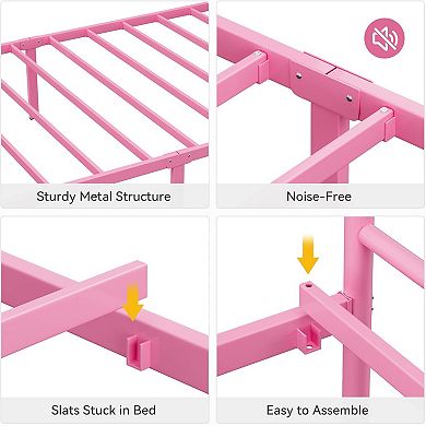 Pink Twin Metal Kids Bed Frame with Headboard & Footboard, Noise Free & No Box Spring