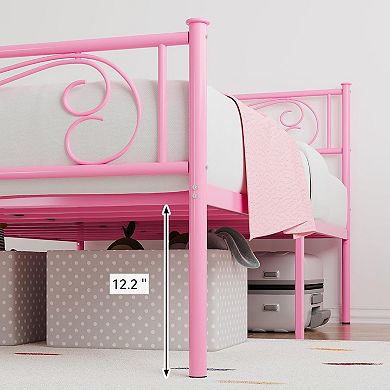 Pink Twin Metal Kids Bed Frame with Headboard & Footboard, Noise Free & No Box Spring