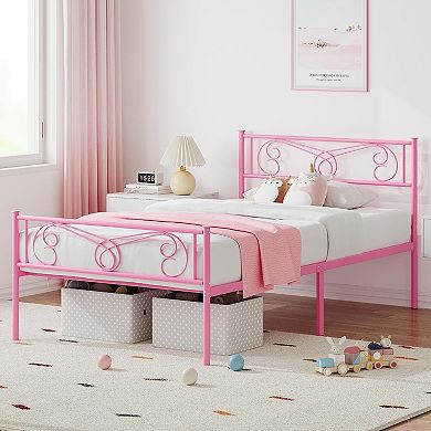 Pink Twin Metal Kids Bed Frame with Headboard & Footboard, Noise Free & No Box Spring