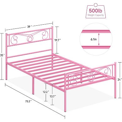 Pink Twin Metal Kids Bed Frame with Headboard & Footboard, Noise Free & No Box Spring