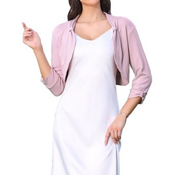 Cropped Cardigan for Women 3/4 Ruched Sleeve Open Front Knitted Elegant Party Bolero Shrug