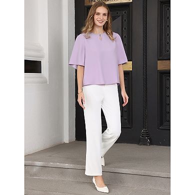 Women's Bell Sleeve Top Crew Neck Keyhole Front Solid Business Casual Blouse