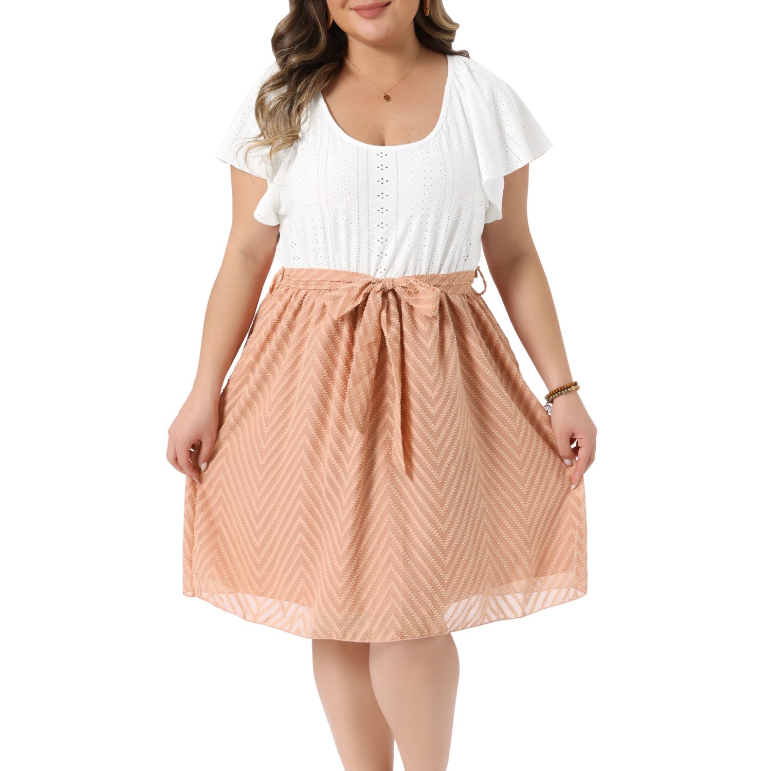 Женские платья Plus Size Summer Dress Eyelet Swiss Dots Ruffle Sleeve Scoop Neck Trim Belted A Line Dresses