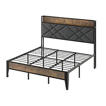 Bed Frame with Charging Station & Tufted Headboard, Storage Shelf, No Box Spring & Easy Assembly