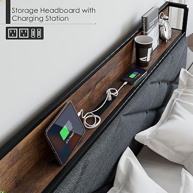 Bed Frame with Charging Station & Tufted Headboard, Storage Shelf, No Box Spring & Easy Assembly