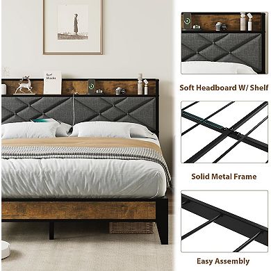 Bed Frame with Charging Station & Tufted Headboard, Storage Shelf, No Box Spring & Easy Assembly