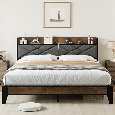 Bed Frame with Charging Station & Tufted Headboard, Storage Shelf, No Box Spring & Easy Assembly