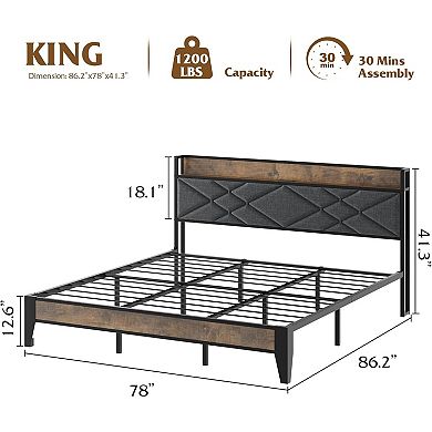 Bed Frame with Charging Station & Tufted Headboard, Storage Shelf, No Box Spring & Easy Assembly