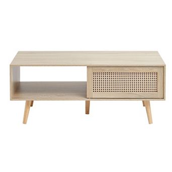 Mid-Century Coffee Table with PE Rattan Door and Storage Compartments