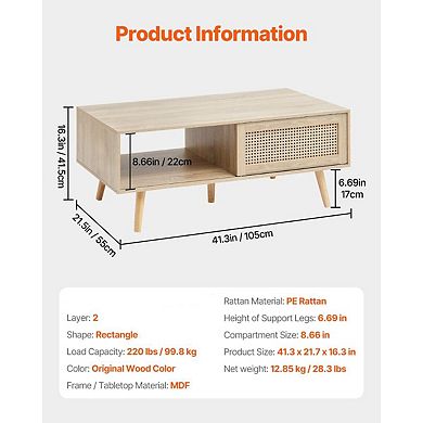 Mid-Century Coffee Table with PE Rattan Door and Storage Compartments