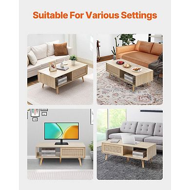 Mid-Century Coffee Table with PE Rattan Door and Storage Compartments