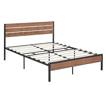Bed Frame with Wood Headboard, Storage & Noise Free Support, No Box Spring Needed