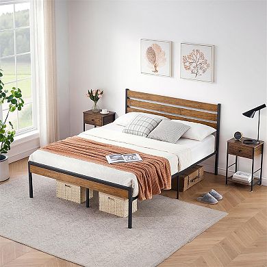 Bed Frame with Wood Headboard, Storage & Noise Free Support, No Box Spring Needed