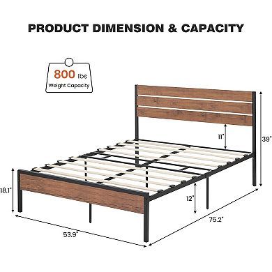 Bed Frame with Wood Headboard, Storage & Noise Free Support, No Box Spring Needed