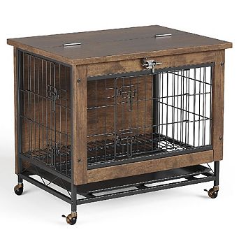 Double-Door Pet Crate Furniture with Locking Wheels, Rustic Brown Chew-Resistant Side Table
