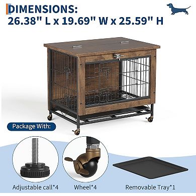 Double-Door Pet Crate Furniture with Locking Wheels, Rustic Brown Chew-Resistant Side Table