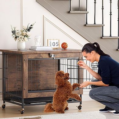 Double-Door Pet Crate Furniture with Locking Wheels, Rustic Brown Chew-Resistant Side Table
