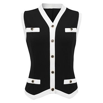 Women's Contrast Color Blouse Waistcoat V-Neck Button Down Vest Tops