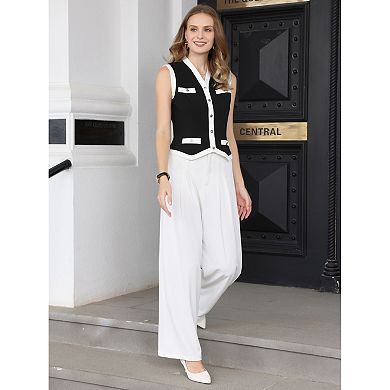 Women's Contrast Color Blouse Waistcoat V-Neck Button Down Vest Tops