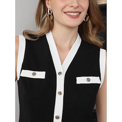 Women's Contrast Color Blouse Waistcoat V-Neck Button Down Vest Tops