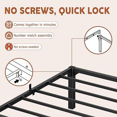 14" Metal Bed Frame, No Screws/Box Spring, Heavy Duty Tool-Free Assembly