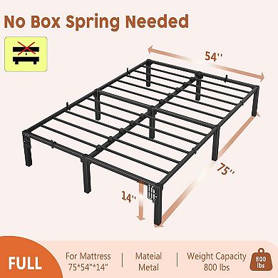14" Metal Bed Frame, No Screws/Box Spring, Heavy Duty Tool-Free Assembly