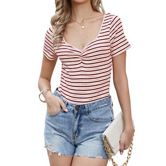 Stripe Bodysuits for Women's Sweetheart Neck Short Sleeve Ruched Body Suit Tops