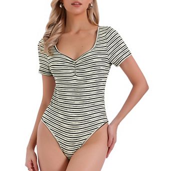 Stripe Bodysuits for Women's Sweetheart Neck Short Sleeve Ruched Body Suit Tops