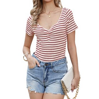 Stripe Bodysuits for Women's Sweetheart Neck Short Sleeve Ruched Body Suit Tops