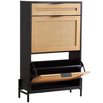 Slim Rattan Flip-Top Shoe Storage Cabinet for Entryways and Living Rooms