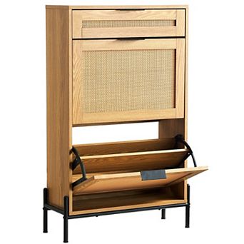Slim Rattan Flip-Top Shoe Storage Cabinet for Entryways and Living Rooms