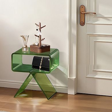 Clear Acrylic Side Table with Two Shelves — Transparent Green Accent Table