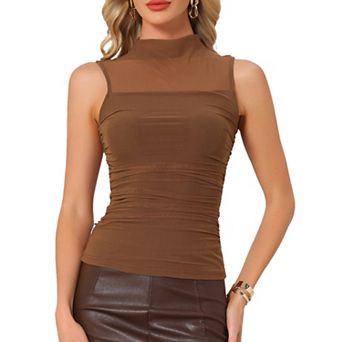 Semi-sheer Mesh Tank Top for Women's Sleeveless See Through Fitted Party Club Ruched Tops