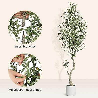 Artificial Olive Tree in White Planter with Wood Trunk & Fruits for Home & Office