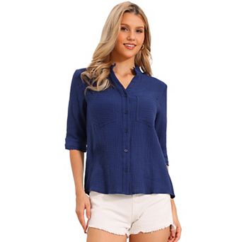 Button Down Shirts for Women's Half Sleeve Stand Collared Tops Summer Casual Blouses