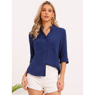 Button Down Shirts for Women's Half Sleeve Stand Collared Tops Summer Casual Blouses