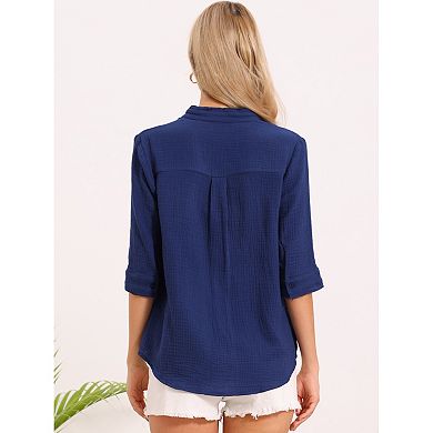 Button Down Shirts for Women's Half Sleeve Stand Collared Tops Summer Casual Blouses