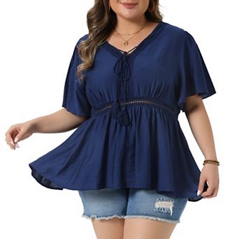 Women's Summer Plus Size V Neck Top Tie Short Sleeves Elastic Waist Casual Peplum Shirts Blouse