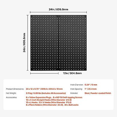 Metal Pegboard Wall Panel for Garage and Workshop Tool Storage 24x12, Black