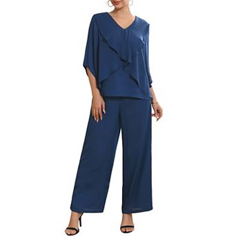 Women's Mother of Bride Sets Chiffon Ruffles V Neck Top Wide Legs Pantsuits 2 pc Pants Suits