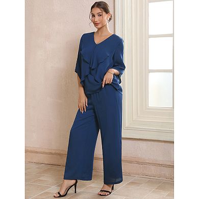 Women's Mother of Bride Sets Chiffon Ruffles V Neck Top Wide Legs Pantsuits 2 Pieces Pants Suits